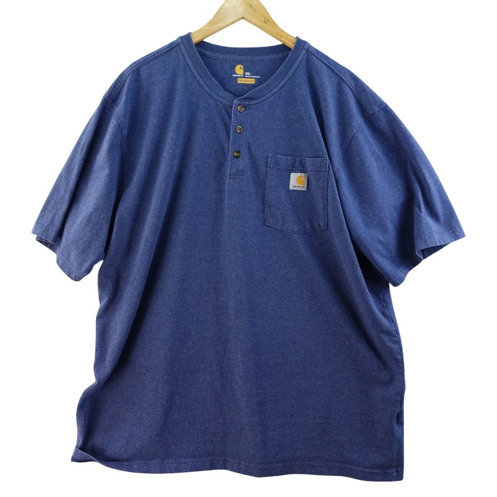 Carhartt‎ Mens 2XL Henley Shirt Short Sleeve Pocket Front Button Blue Workwear
